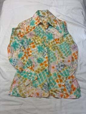 Vintage 1970s Alex Colman California Floral Psychedelic Disco Blouse with Dagger